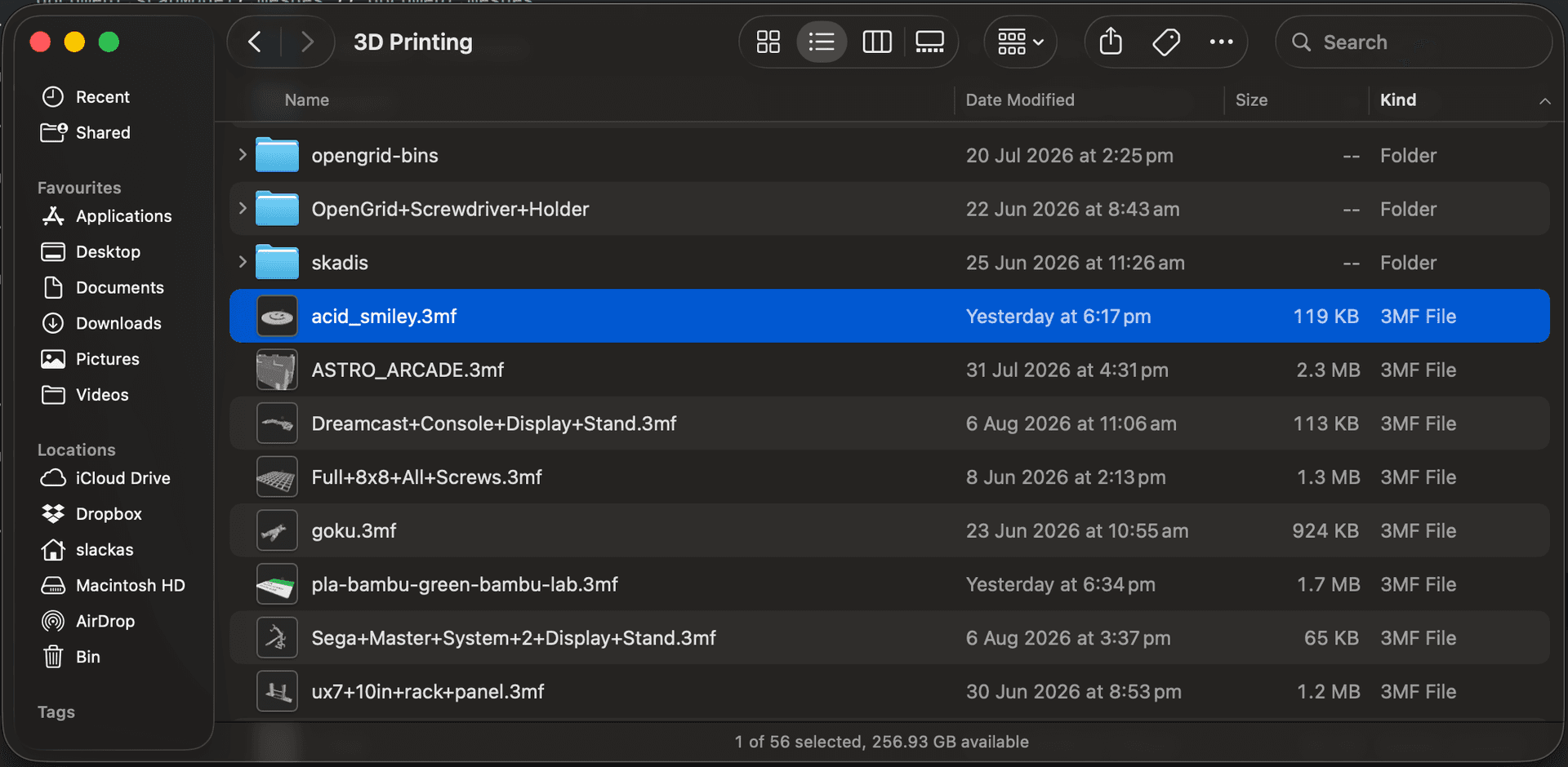 A Finder list view of a 3D Printing folder where every 3MF file carries a preview thumbnail of its own model rather than a blank generic icon