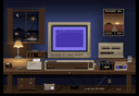 A teenager's desk at night with a Commodore 64 and modem, drawn in pixel art