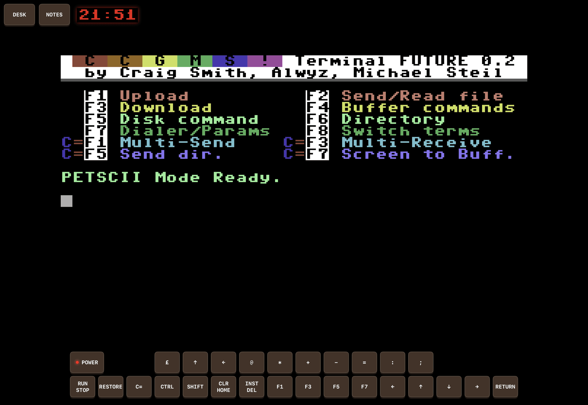 The CCGMS terminal program running on the game's emulated Commodore 64